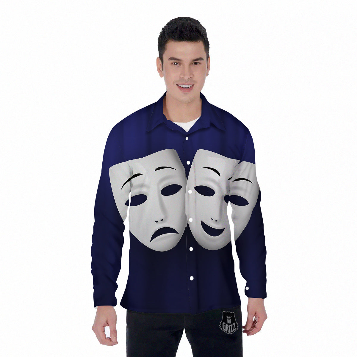 Theater Masks Tragedy And Comedy Print Men's Long Sleeve Shirts-grizzshop