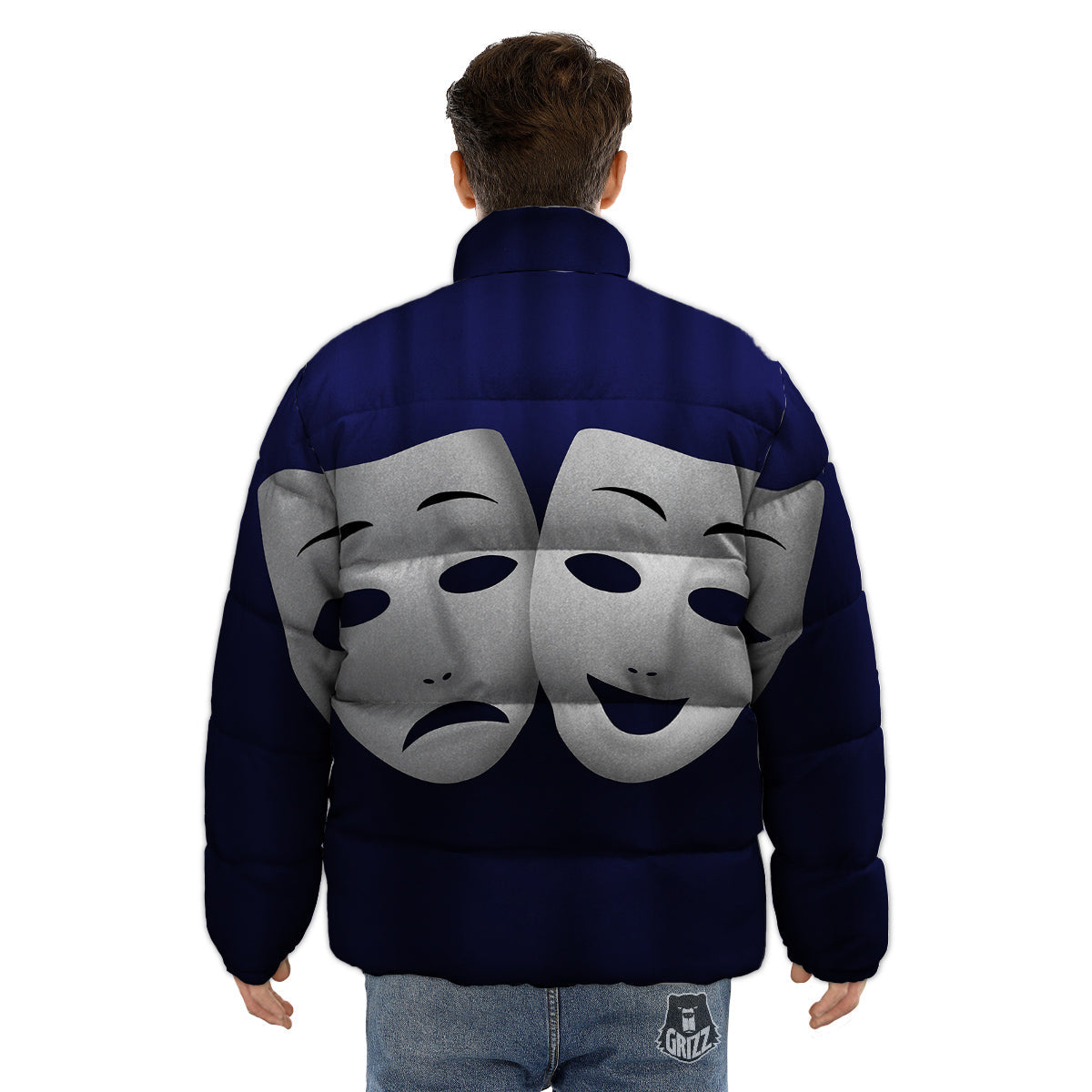 Theater Masks Tragedy And Comedy Print Puffer Jacket-grizzshop