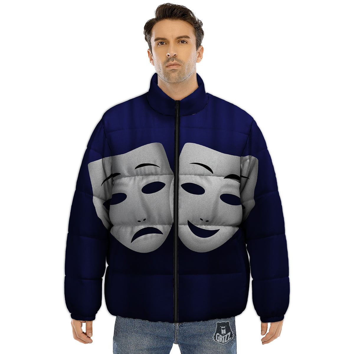 Theater Masks Tragedy And Comedy Print Puffer Jacket-grizzshop