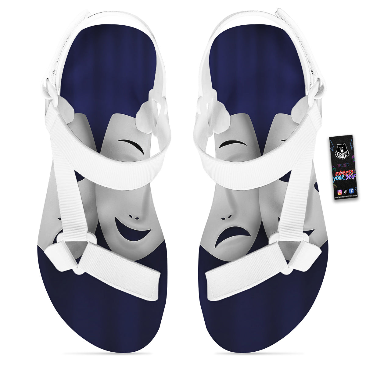 Theater Masks Tragedy And Comedy Print White Open Toe Sandals-grizzshop