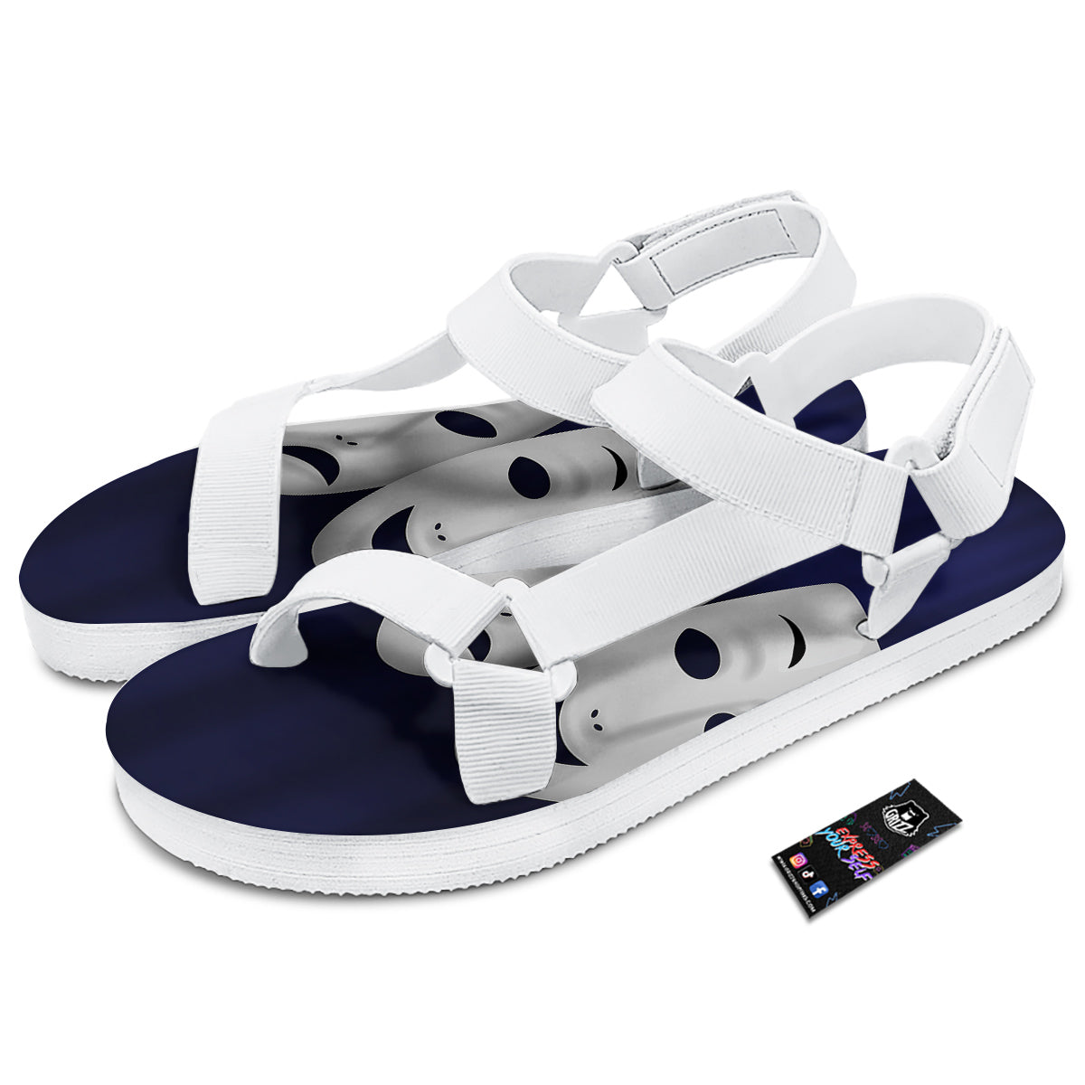 Theater Masks Tragedy And Comedy Print White Open Toe Sandals-grizzshop