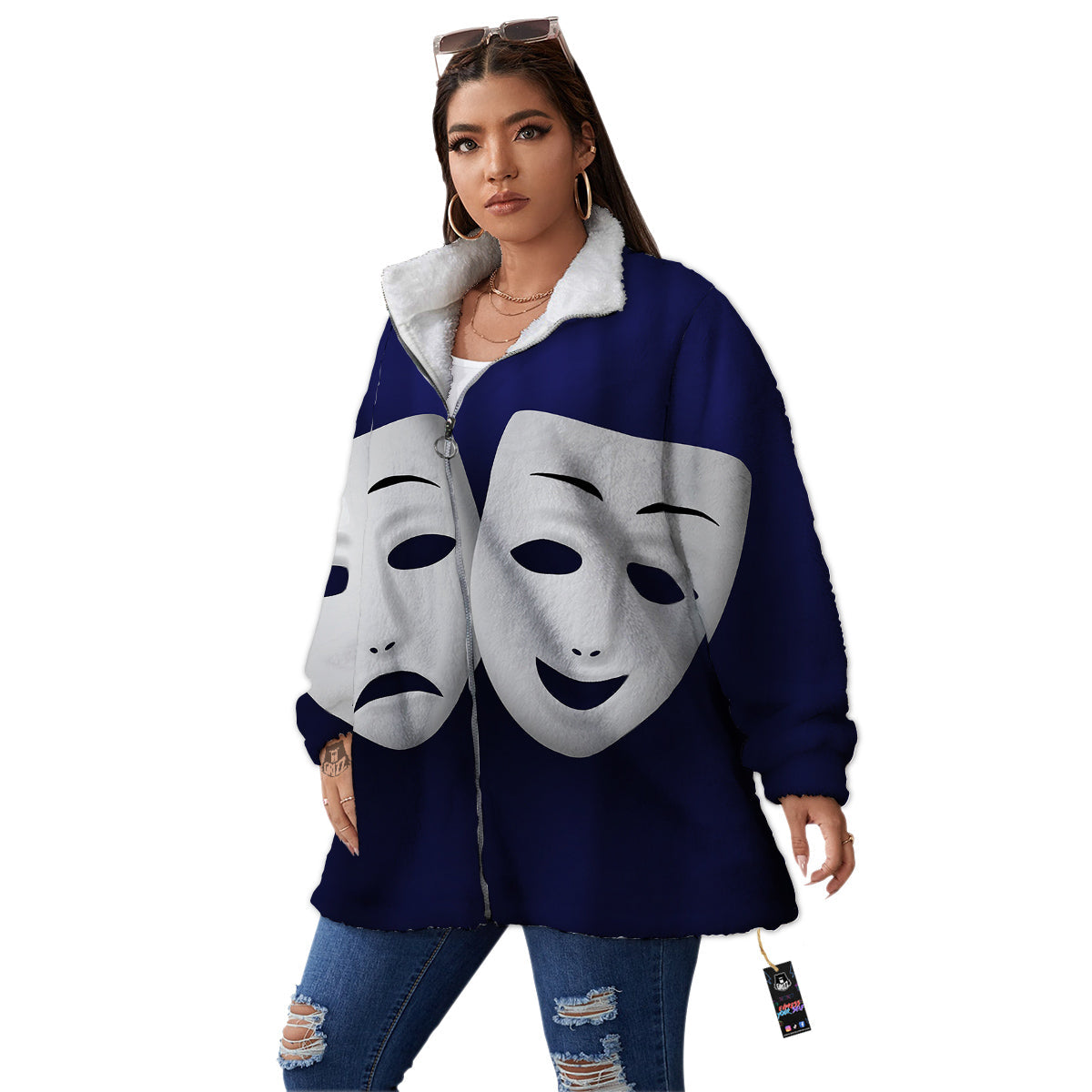 Theater Masks Tragedy And Comedy Print Women's Sherpa Jacket-grizzshop