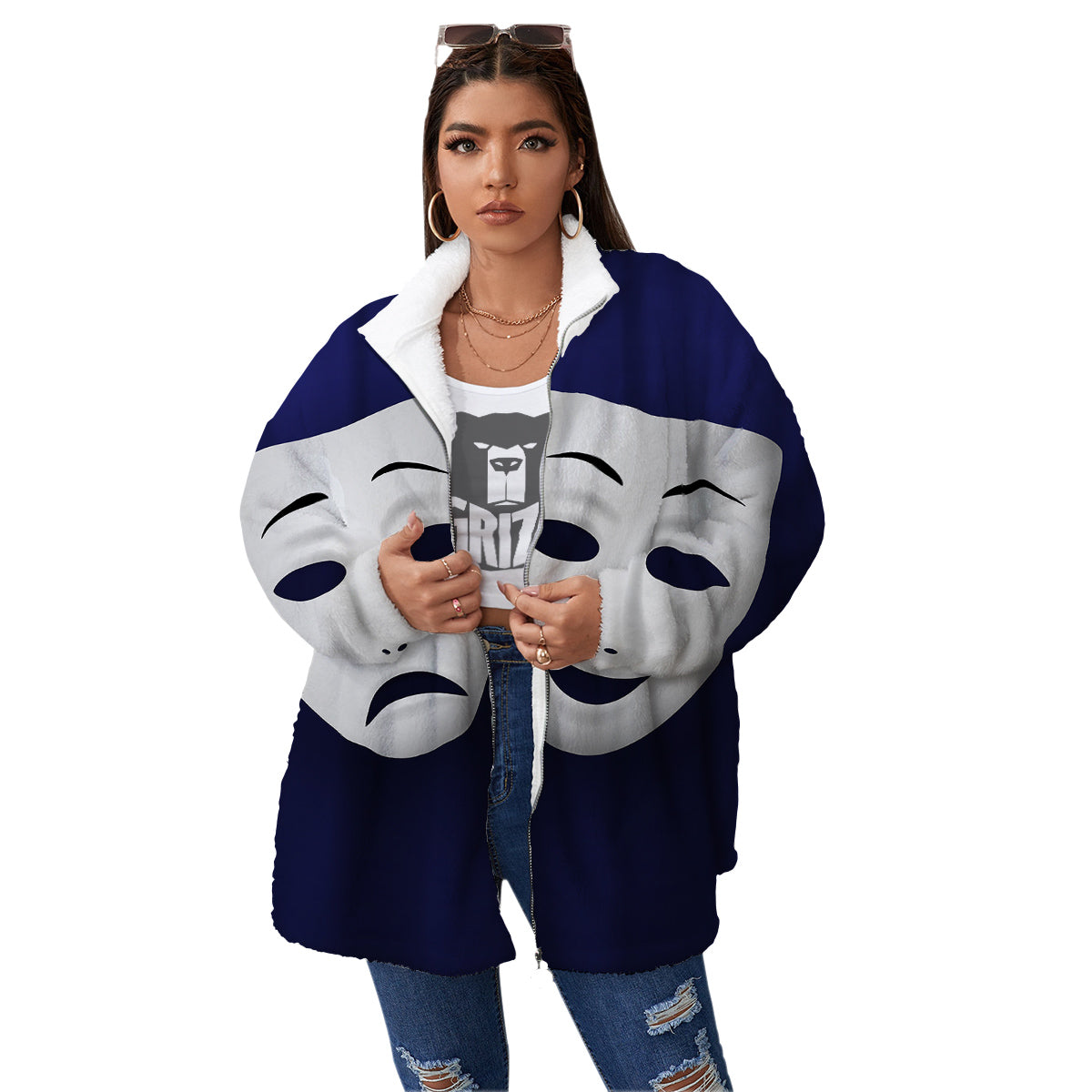 Theater Masks Tragedy And Comedy Print Women's Sherpa Jacket-grizzshop