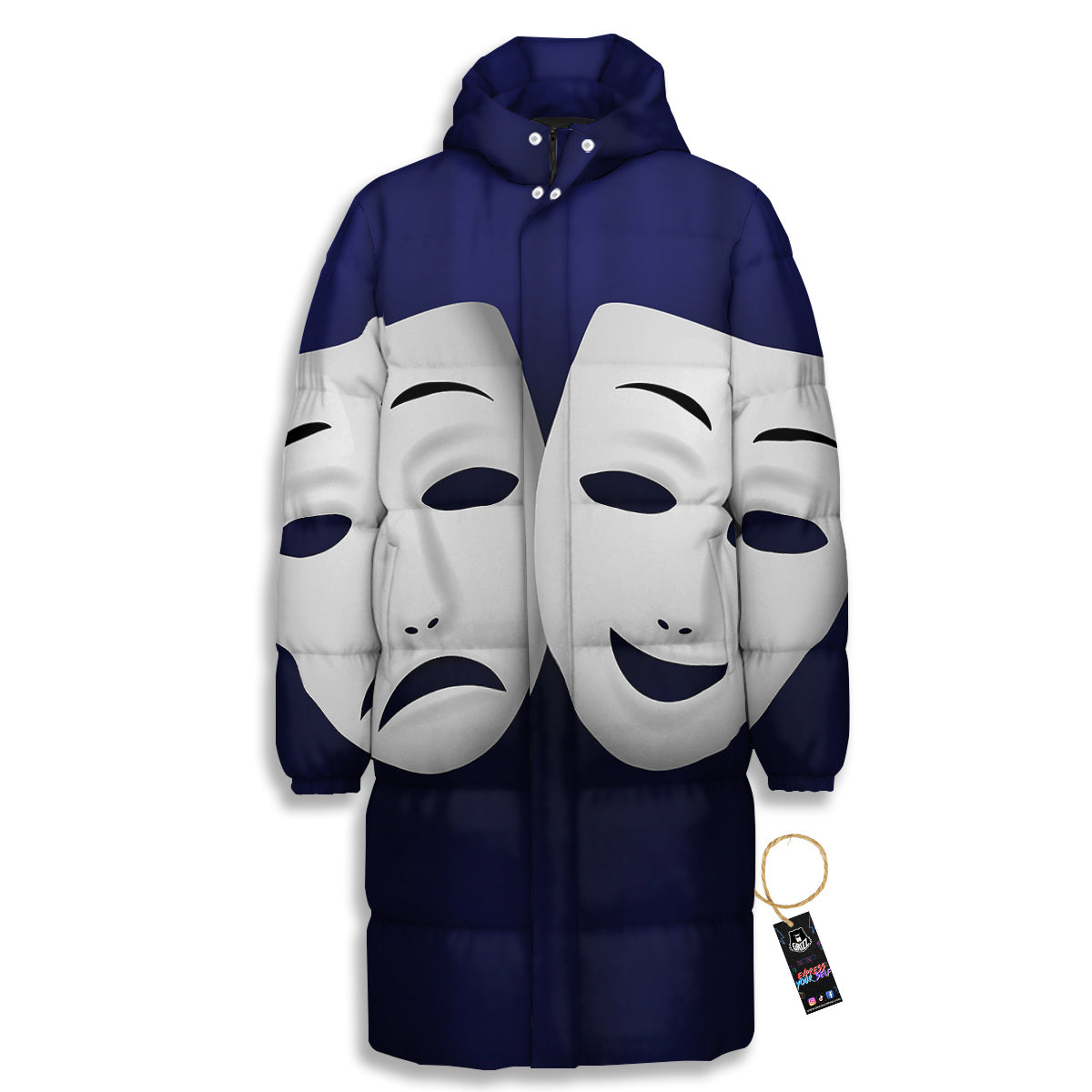Theater Masks Tragedy And Comedy Print Long Down Jacket