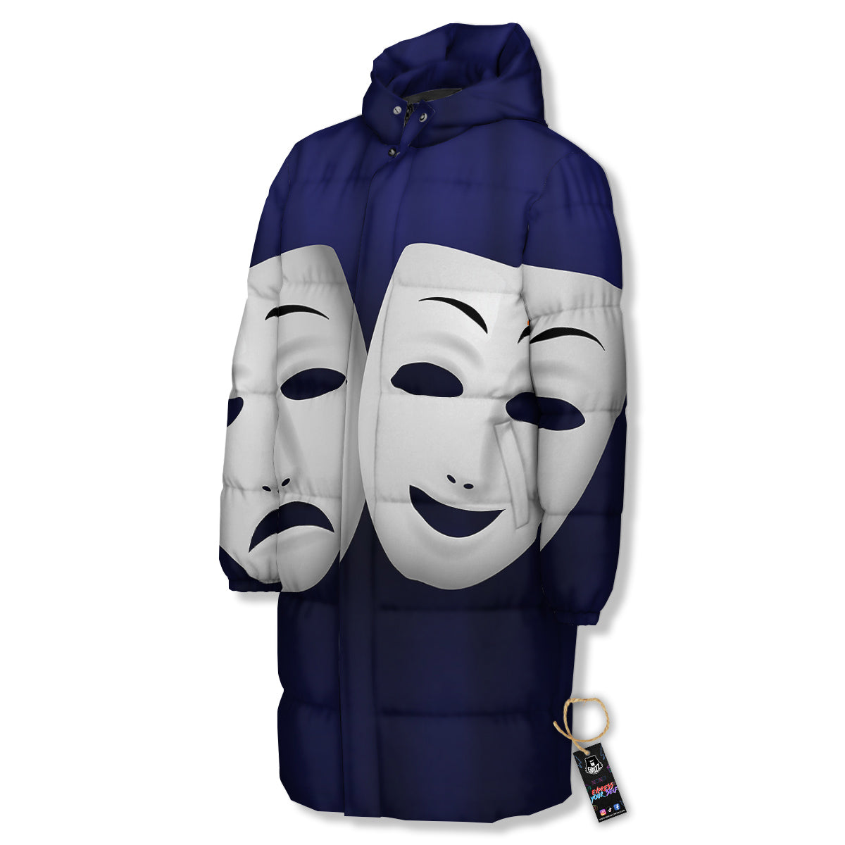 Theater Masks Tragedy And Comedy Print Long Down Jacket