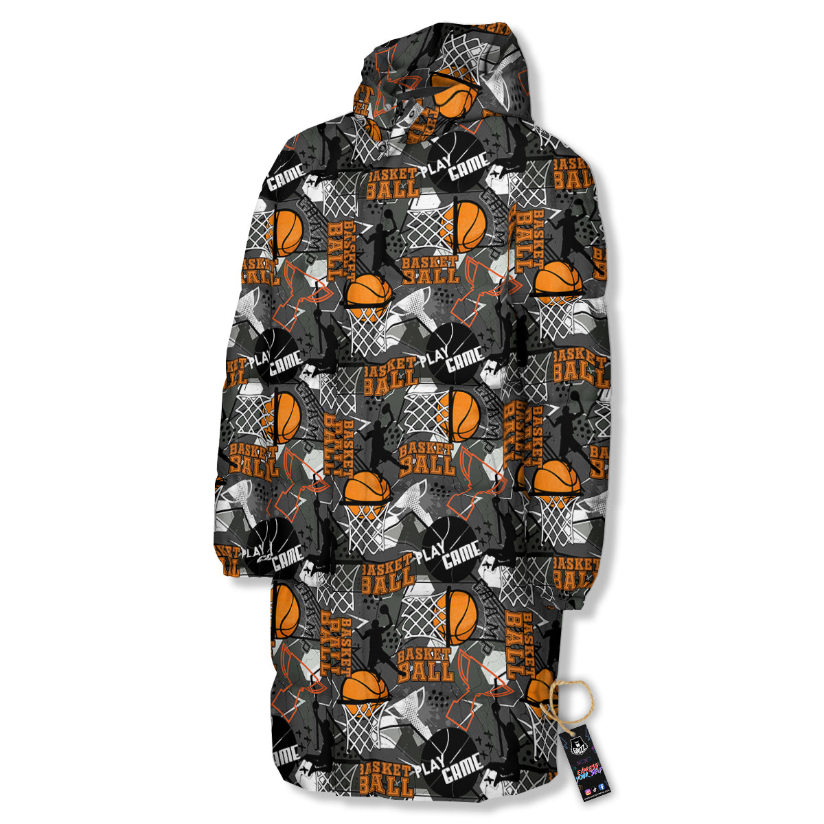 Theme Basketball Print Pattern Long Down Jacket-grizzshop
