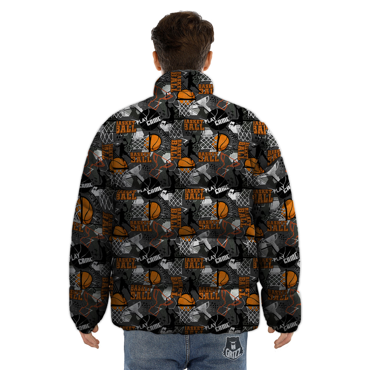 Theme Basketball Print Pattern Puffer Jacket-grizzshop