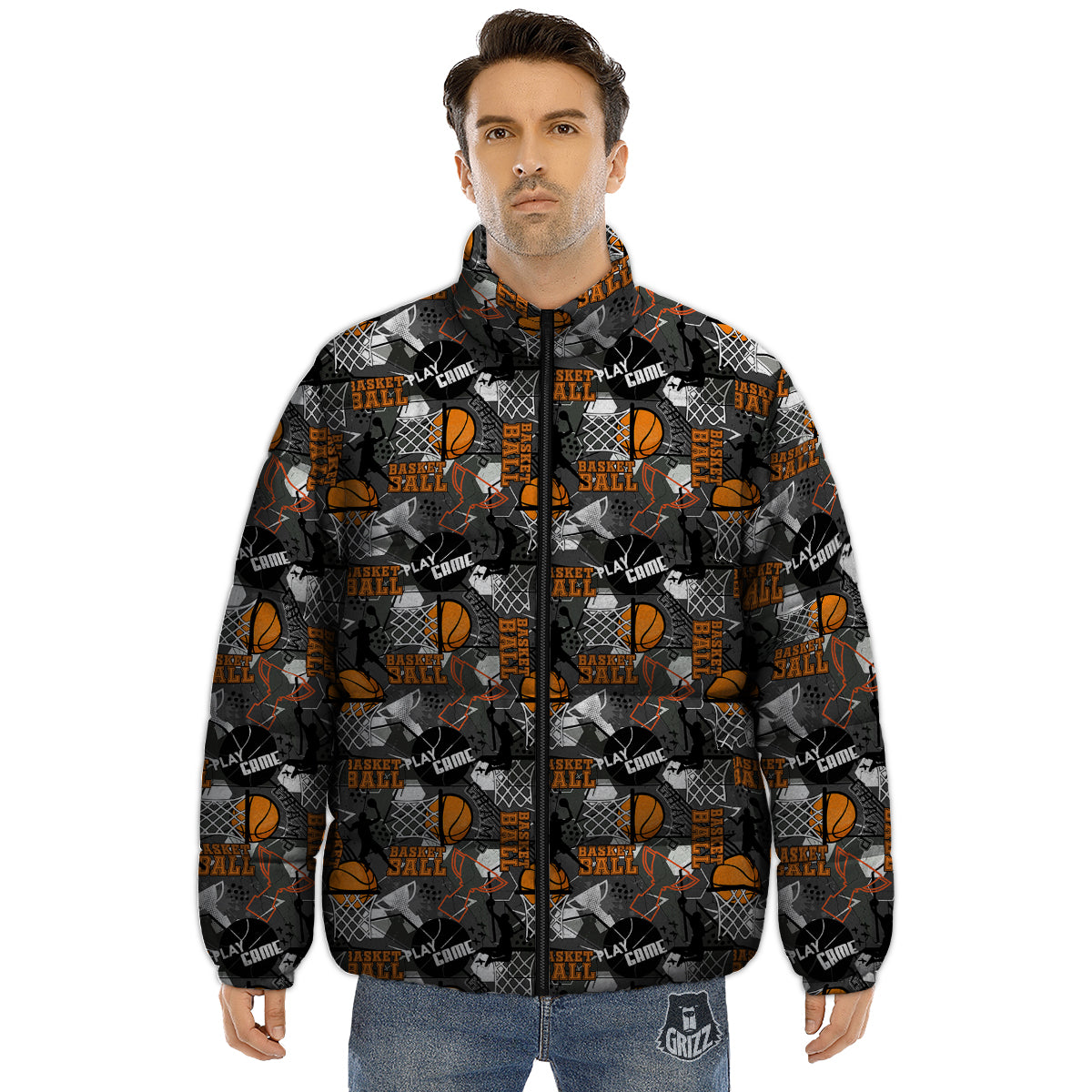 Theme Basketball Print Pattern Puffer Jacket-grizzshop