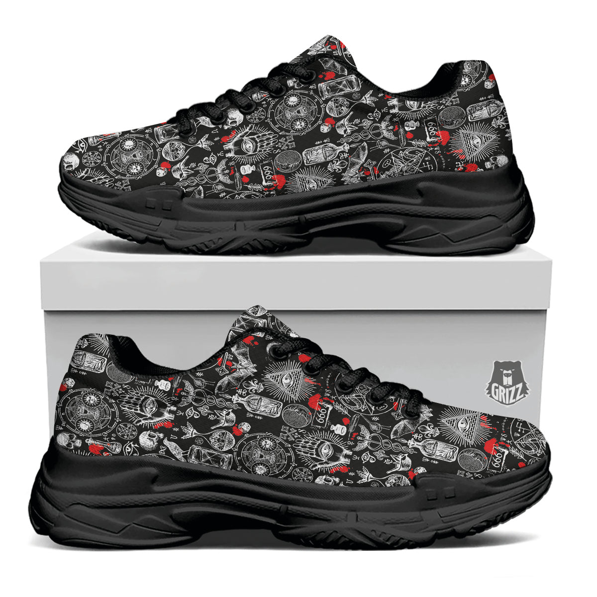 Theme Of Satanism Print Pattern Black Chunky Shoes-grizzshop