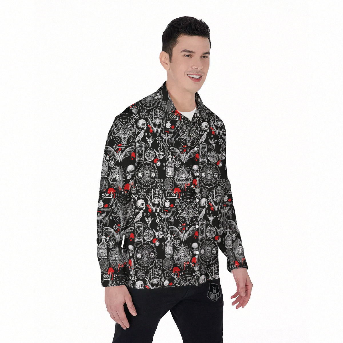 Theme Of Satanism Print Pattern Men's Long Sleeve Shirts-grizzshop