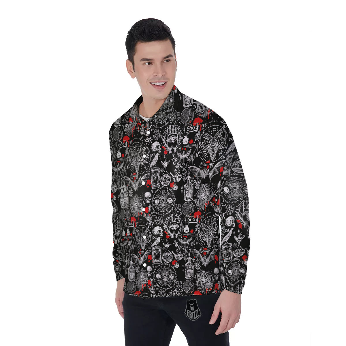 Theme Of Satanism Print Pattern Men's Long Sleeve Shirts-grizzshop