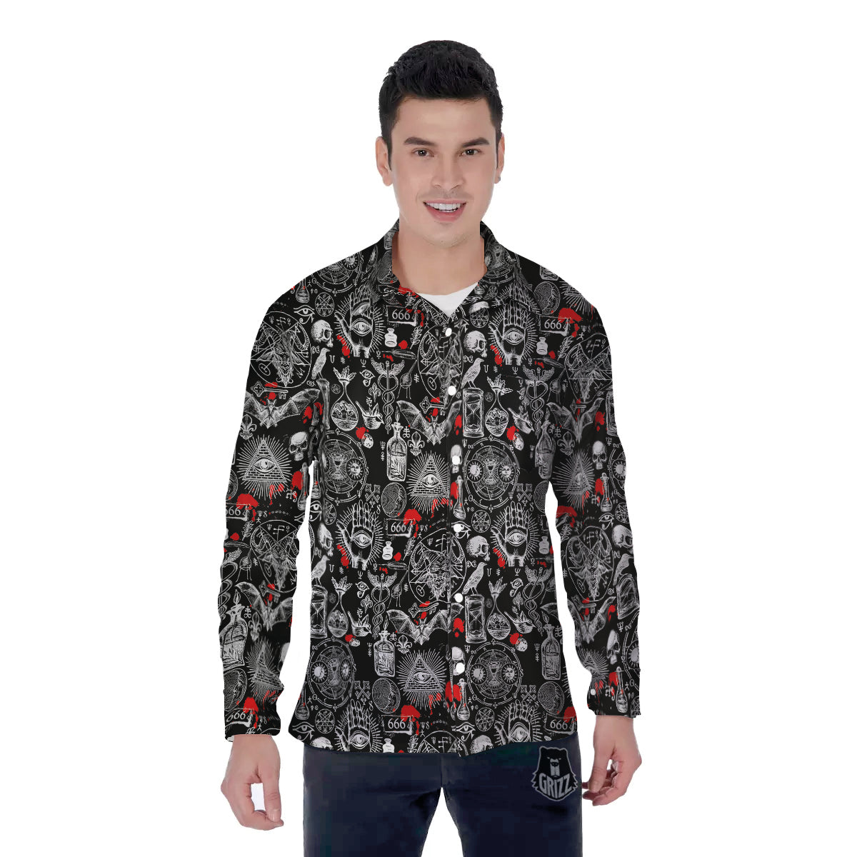 Theme Of Satanism Print Pattern Men's Long Sleeve Shirts-grizzshop