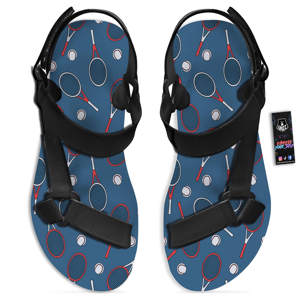 Theme Tennis Print Pattern Black Open Toe Sandals-grizzshop