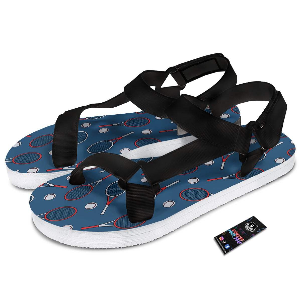 Theme Tennis Print Pattern Black Open Toe Sandals-grizzshop