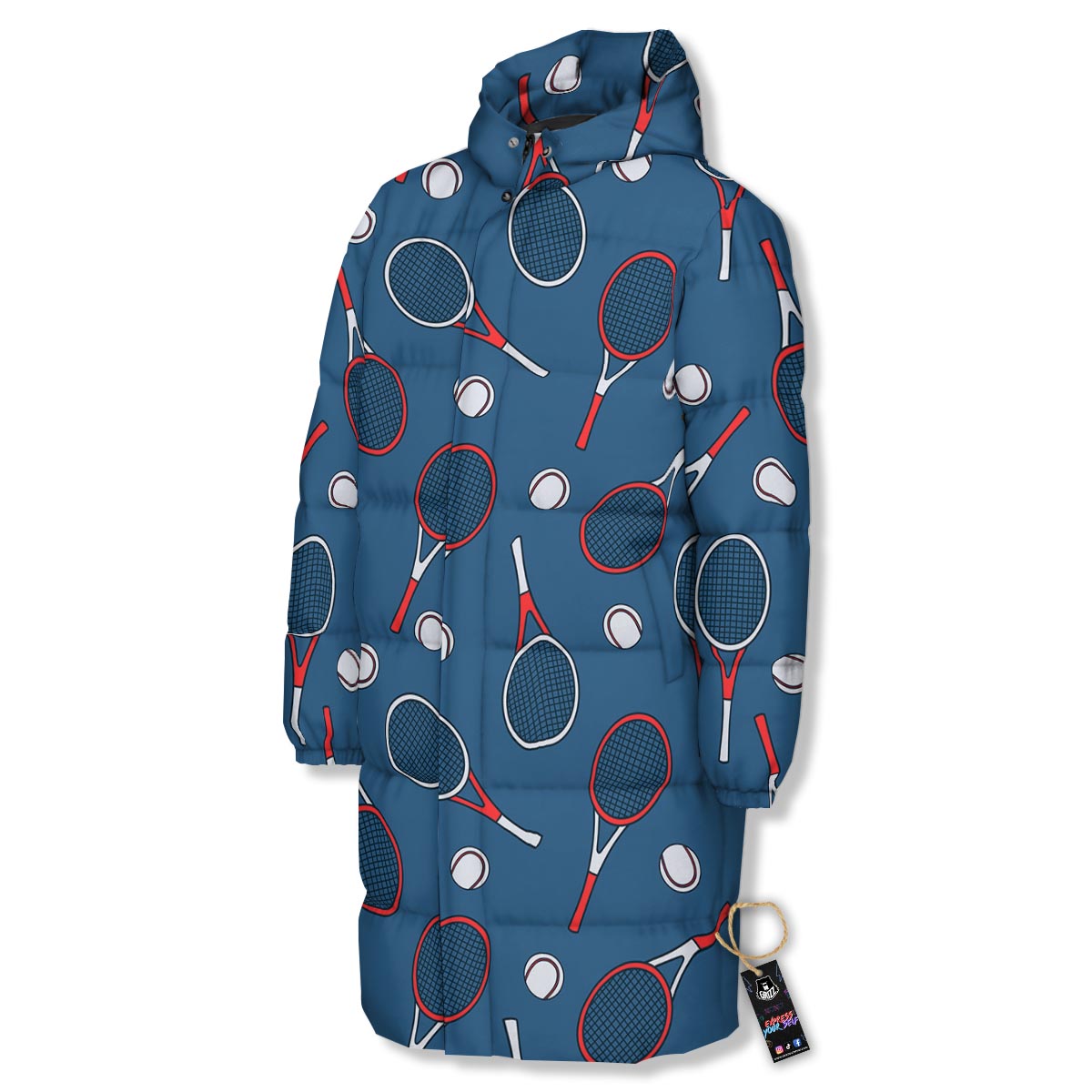 Theme Tennis Print Pattern Long Down Jacket-grizzshop