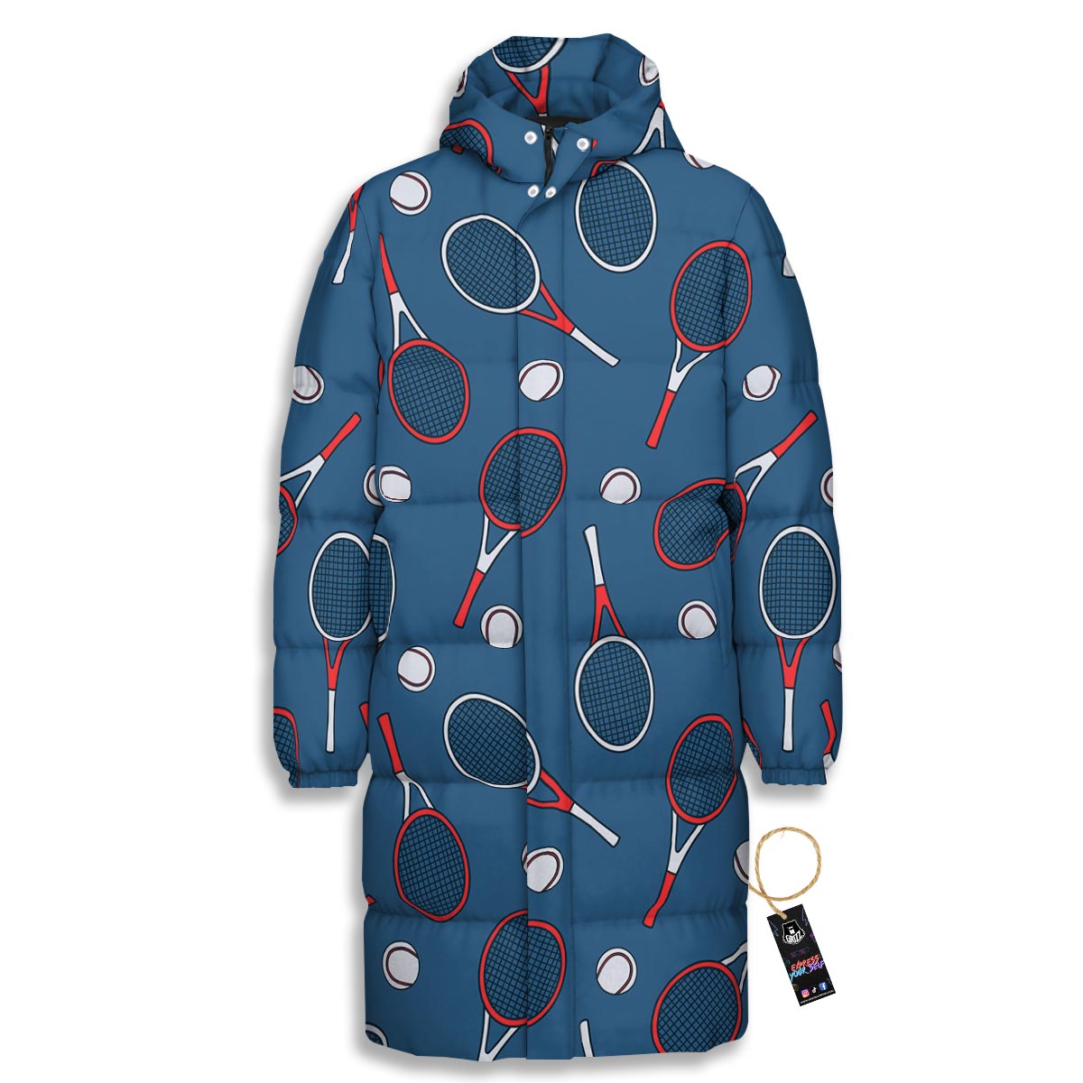 Theme Tennis Print Pattern Long Down Jacket-grizzshop