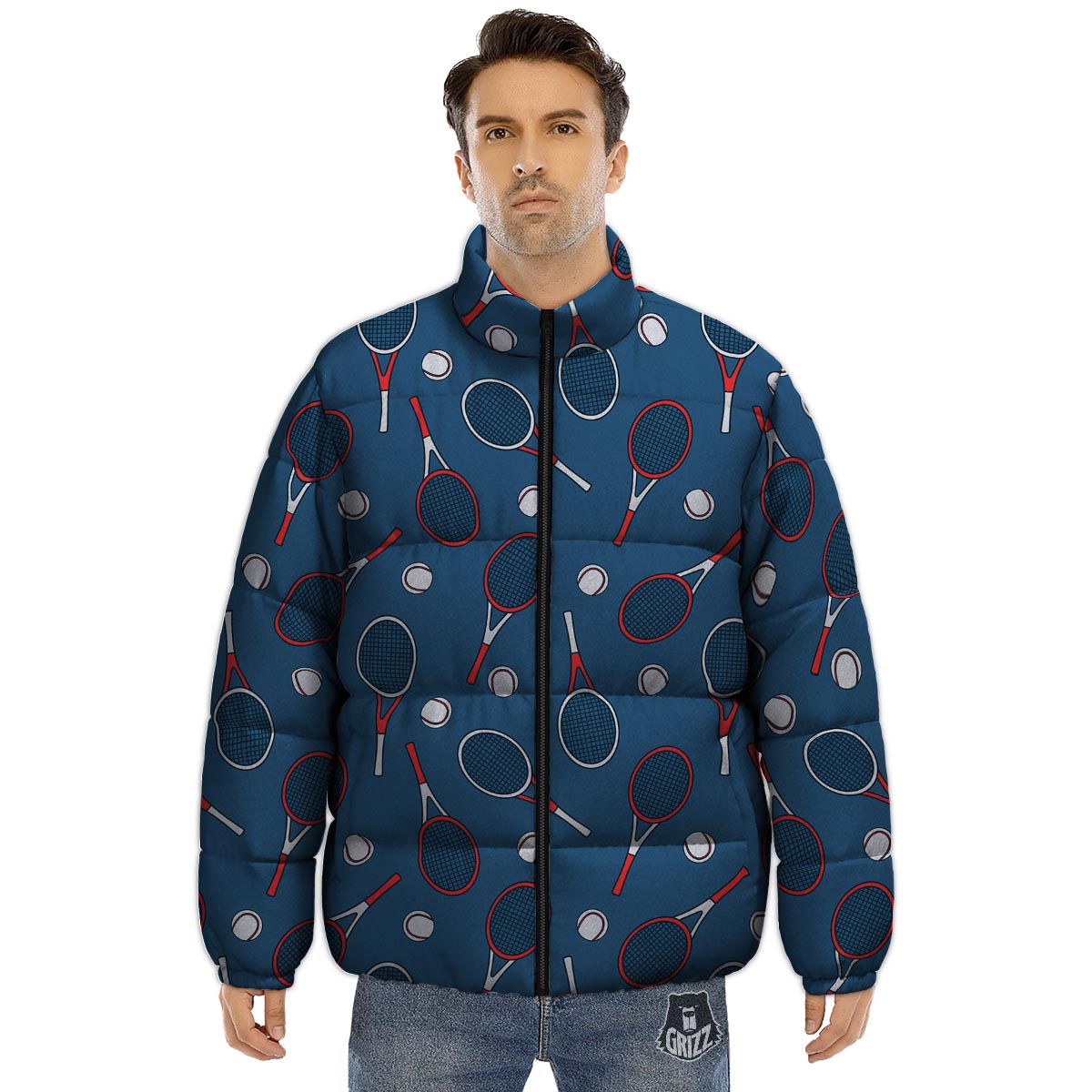 Theme Tennis Print Pattern Puffer Jacket-grizzshop