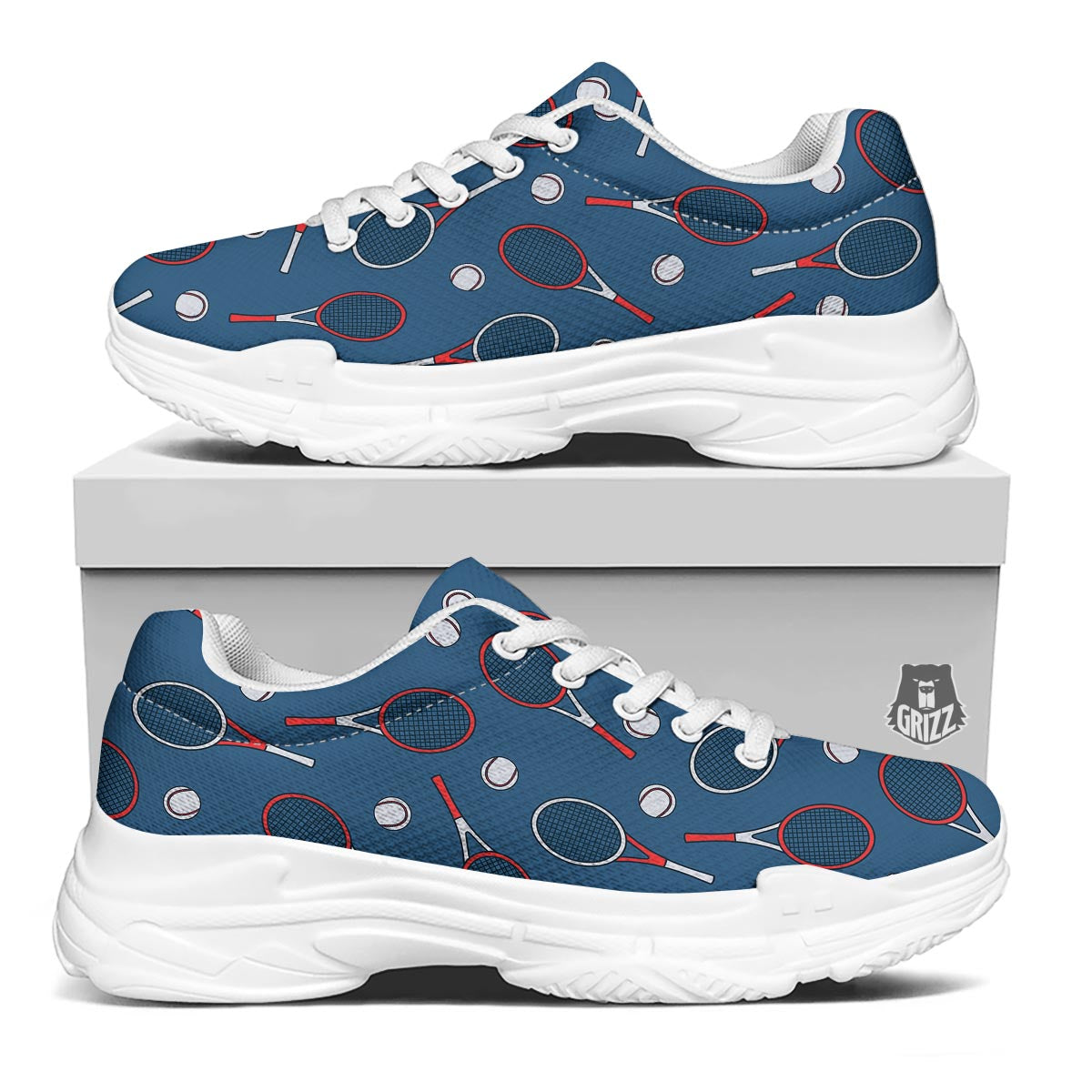 Theme Tennis Print Pattern White Chunky Shoes-grizzshop