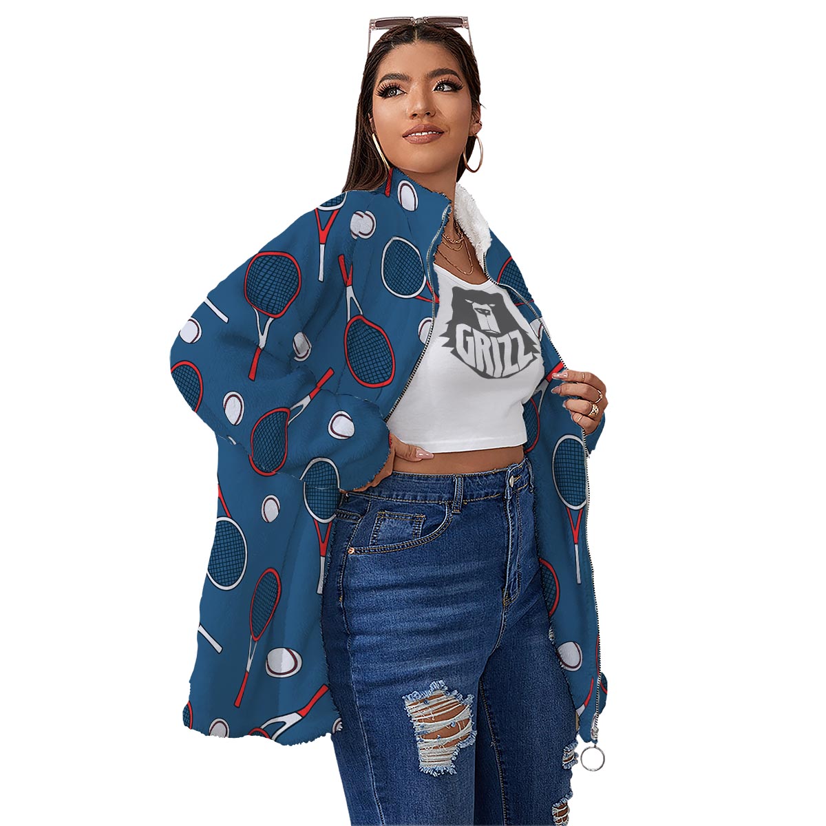 Theme Tennis Print Pattern Women's Sherpa Jacket-grizzshop