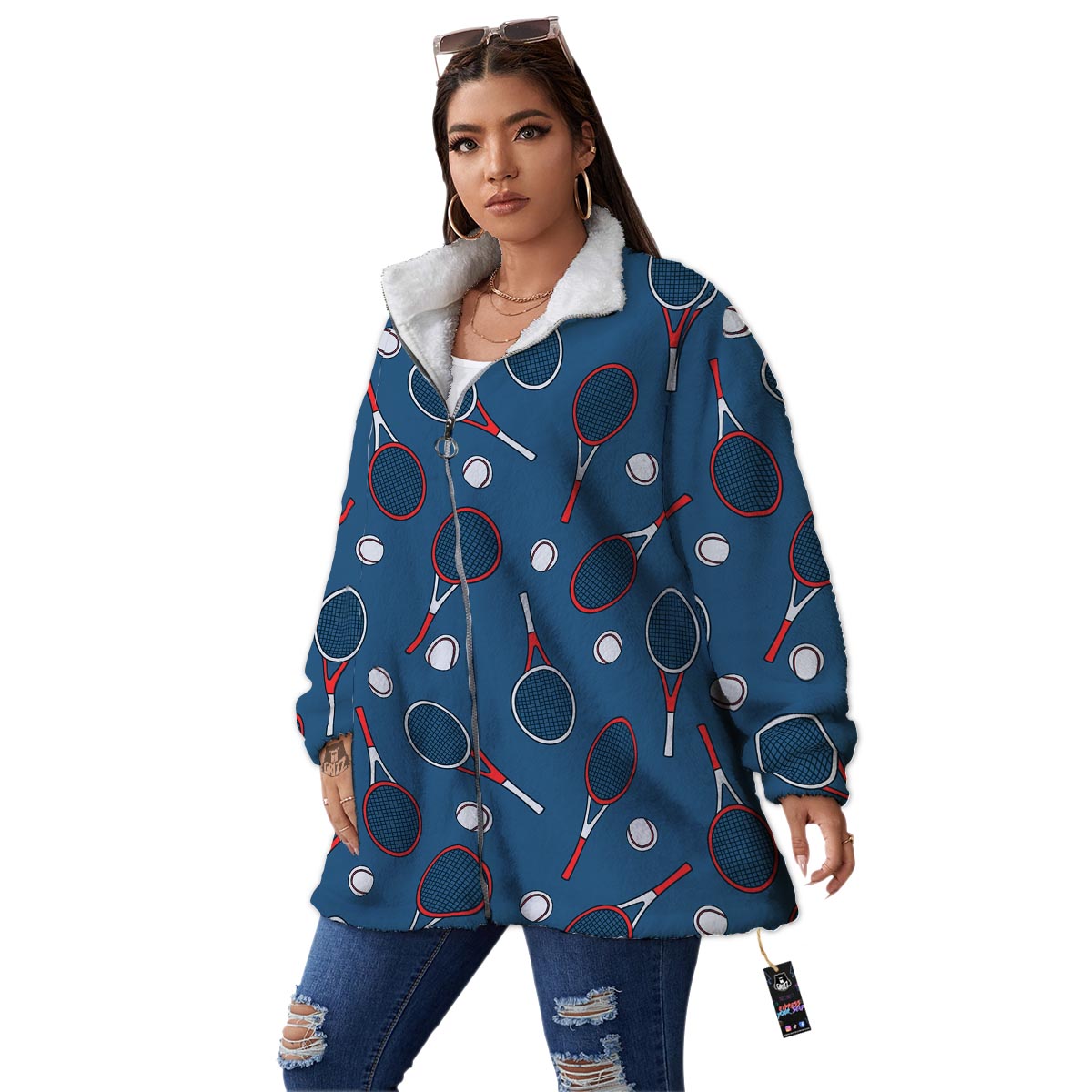Theme Tennis Print Pattern Women's Sherpa Jacket-grizzshop