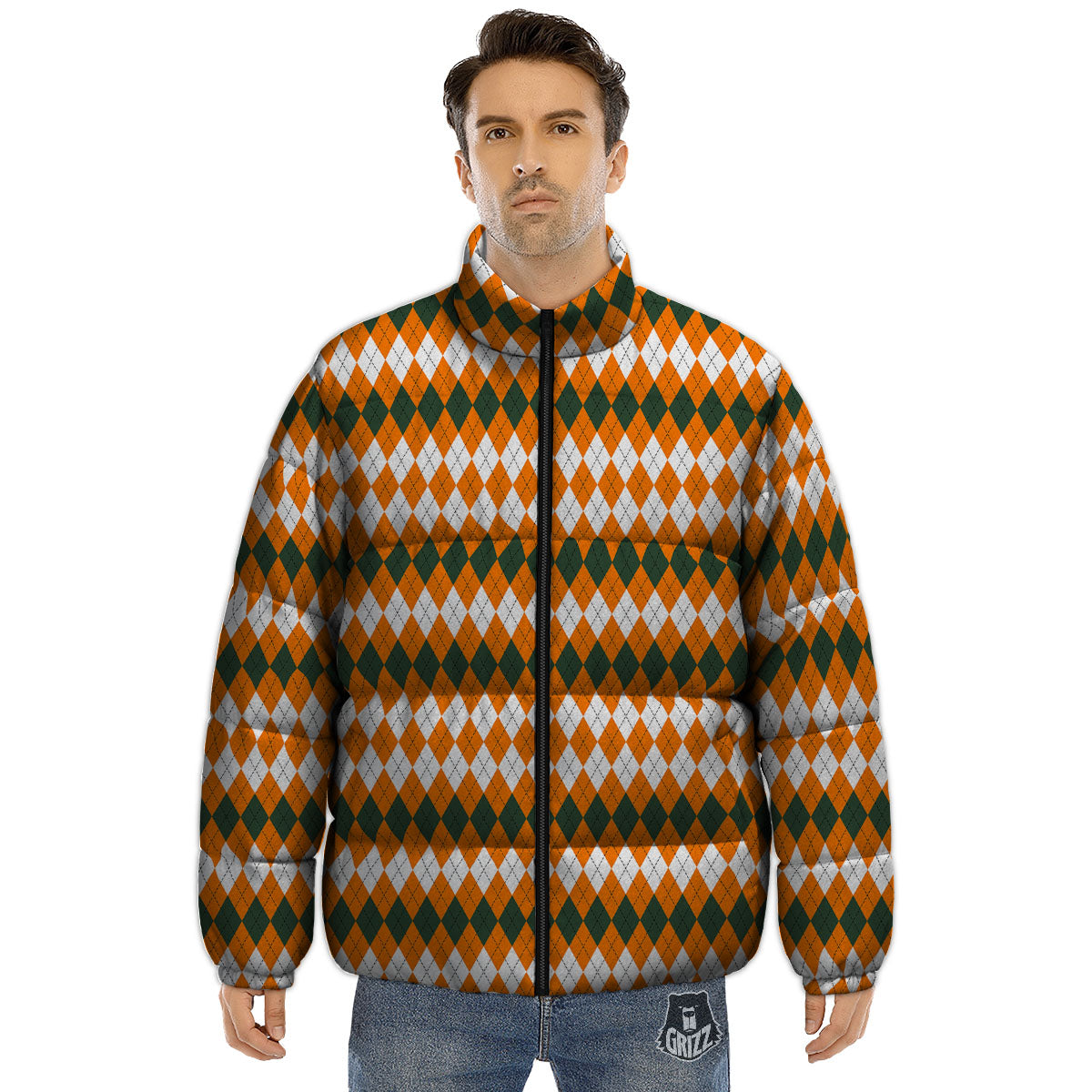 Themed Argyle Halloween Print Pattern Puffer Jacket-grizzshop
