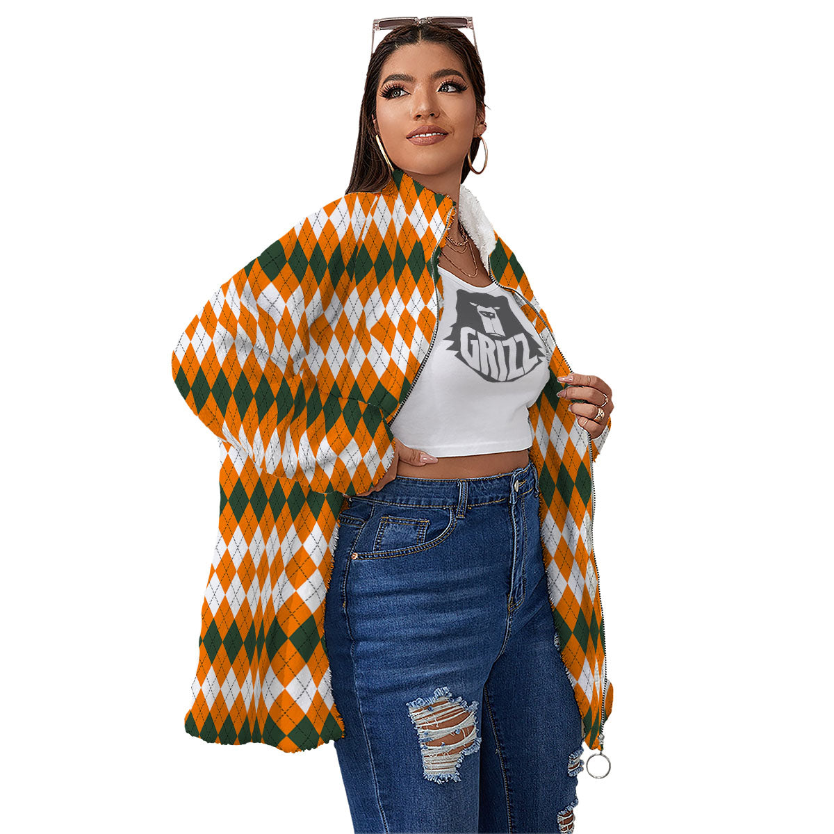 Themed Argyle Halloween Print Pattern Women's Sherpa Jacket-grizzshop