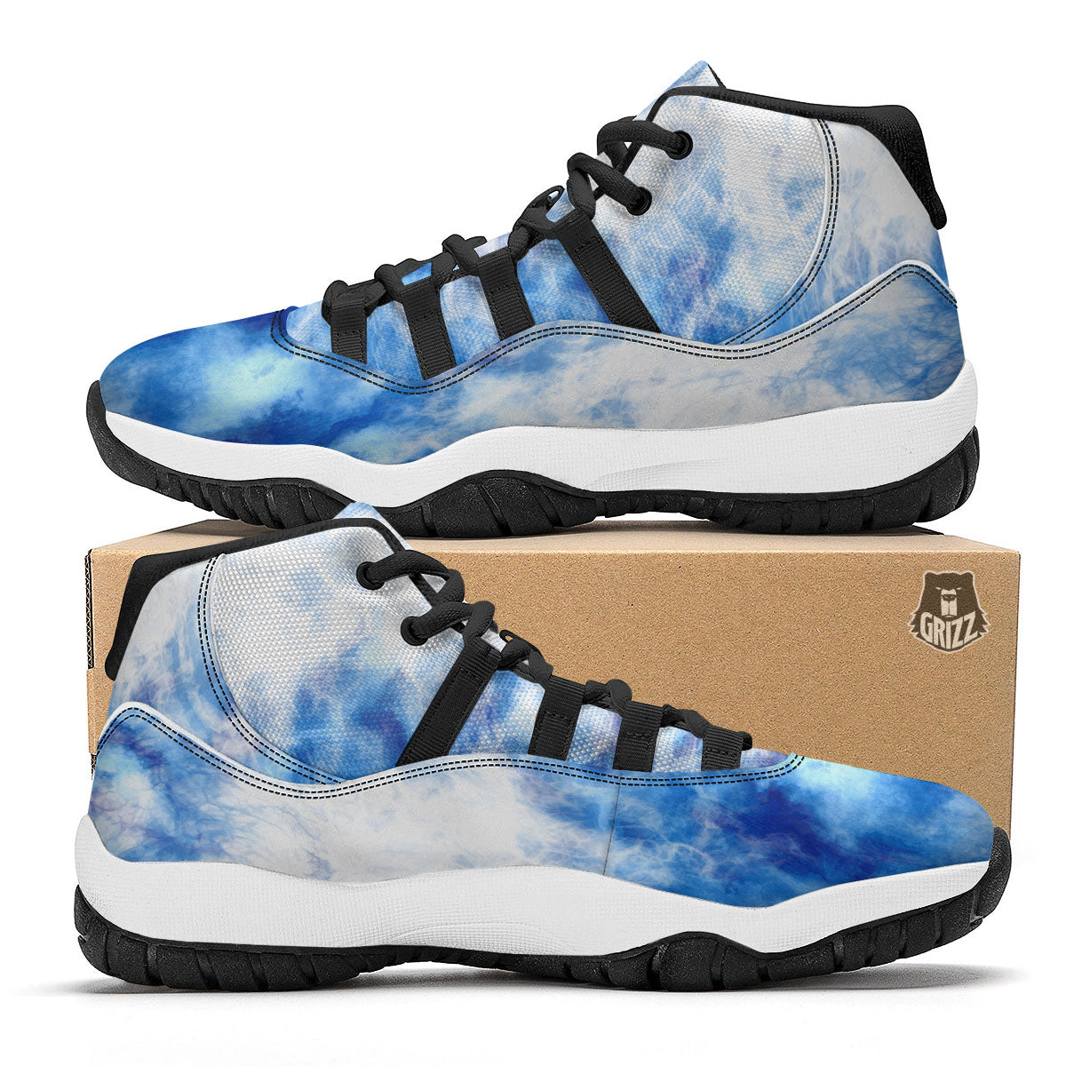 Tie Dye Acid Wash White And Blue Print Black Bball Shoes-grizzshop
