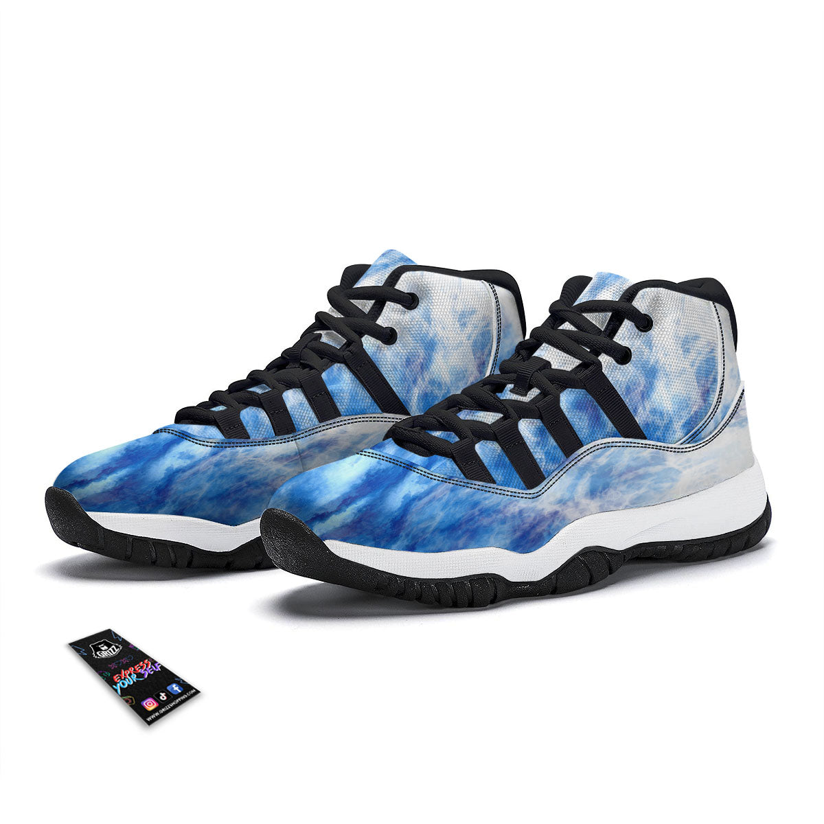 Tie Dye Acid Wash White And Blue Print Black Bball Shoes-grizzshop