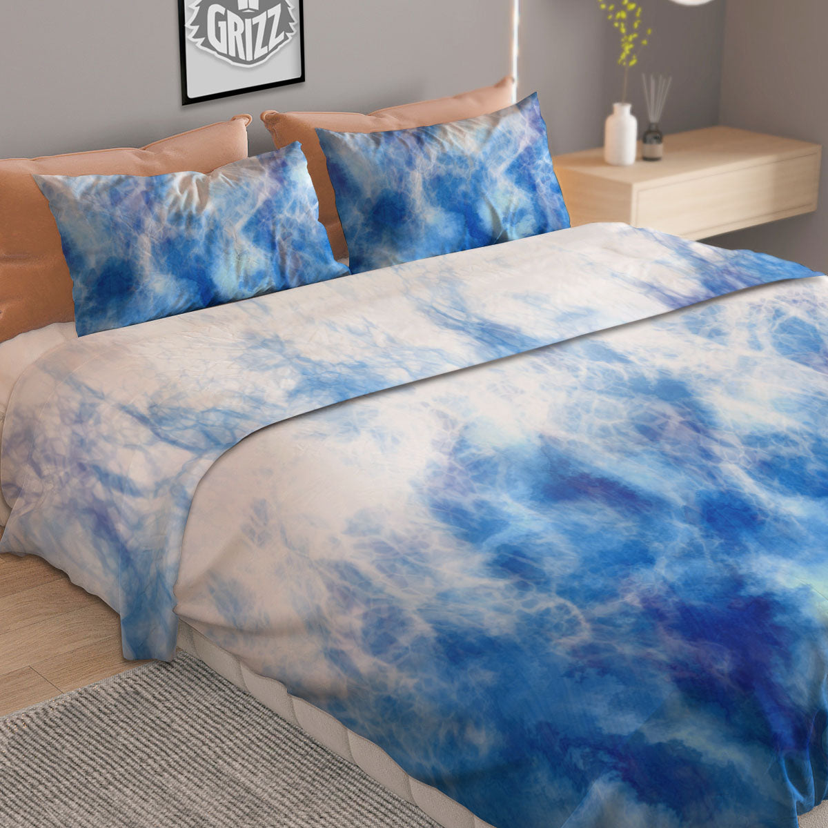 Tie Dye Acid Wash White And Blue Print Duvet Cover Bedding Set