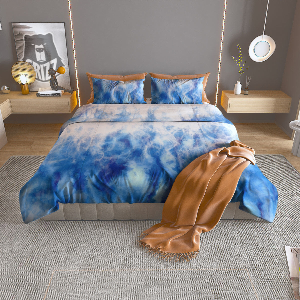 Tie Dye Acid Wash White And Blue Print Duvet Cover Bedding Set