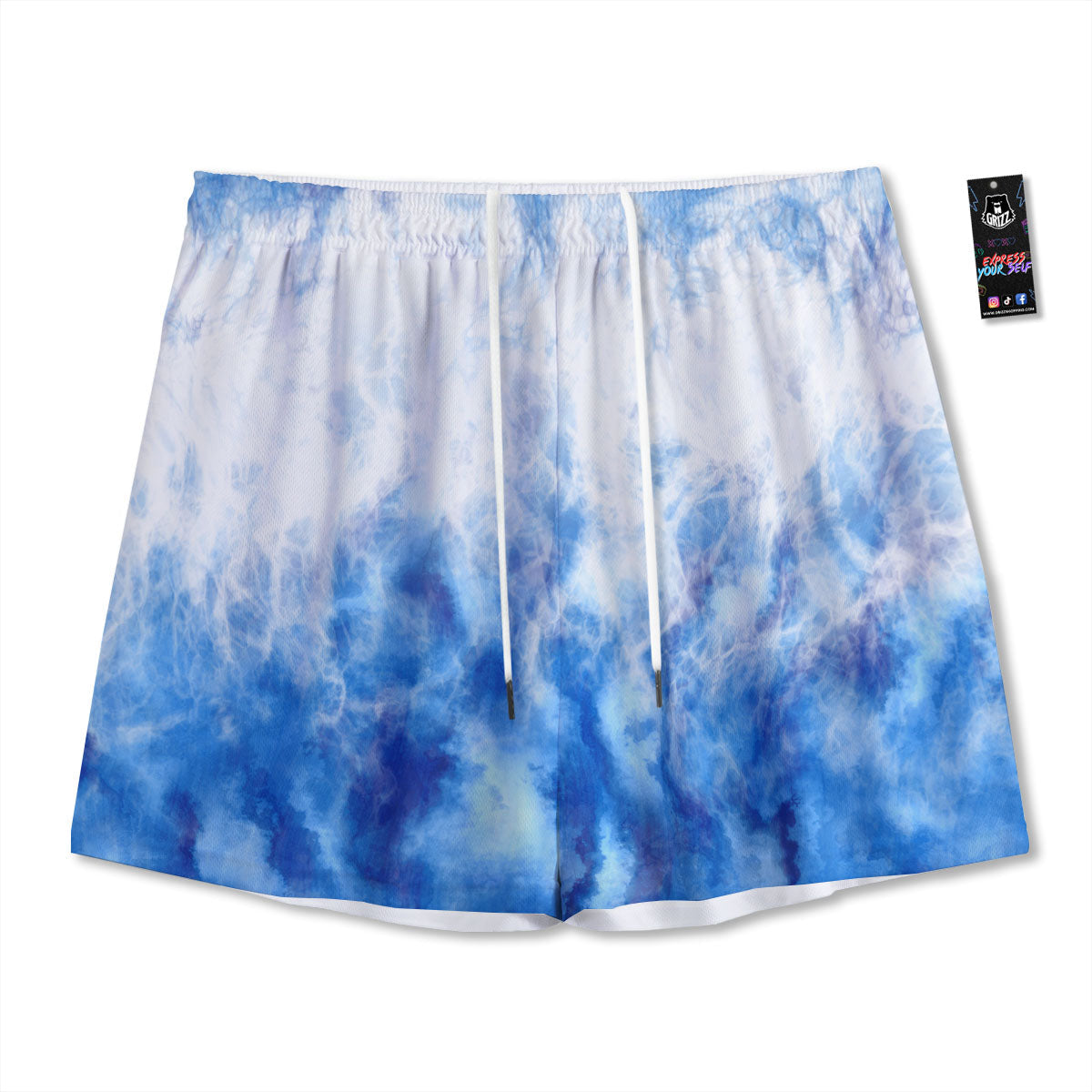 Tie Dye Acid Wash White And Blue Print Mesh Shorts
