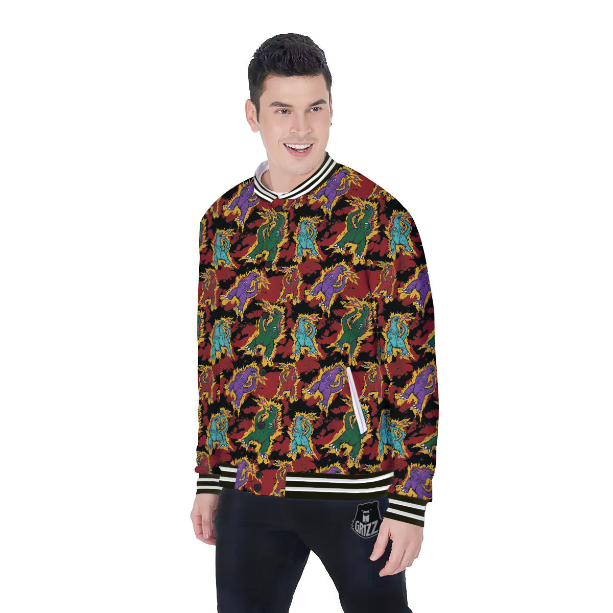 Tie Dye And Godzilla Print Pattern Baseball Jacket-grizzshop
