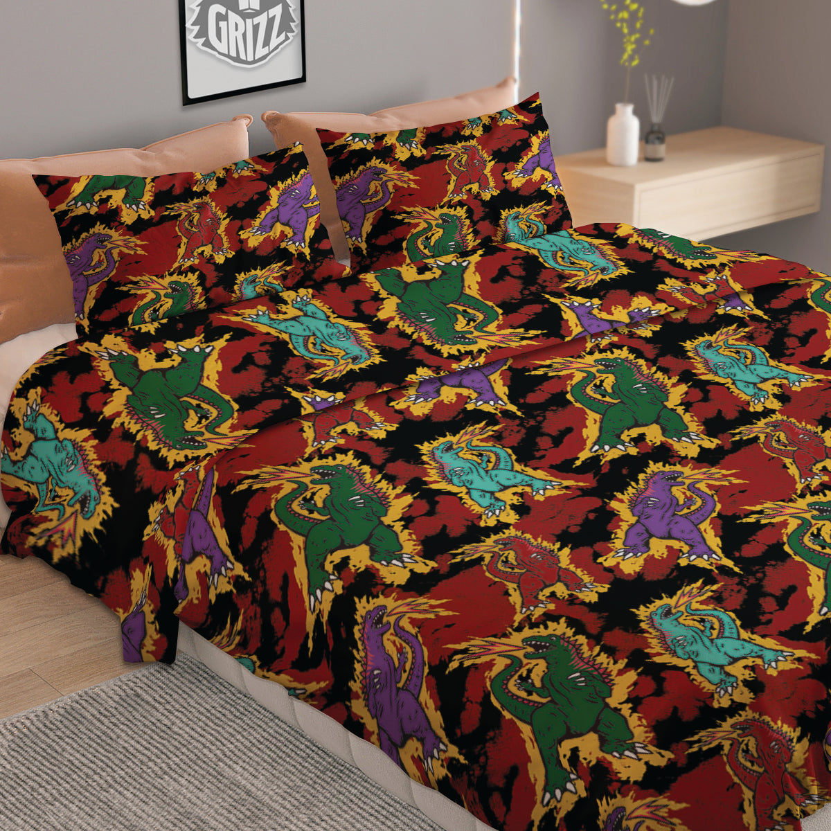 Tie Dye And Godzilla Print Pattern Duvet Cover Bedding Set