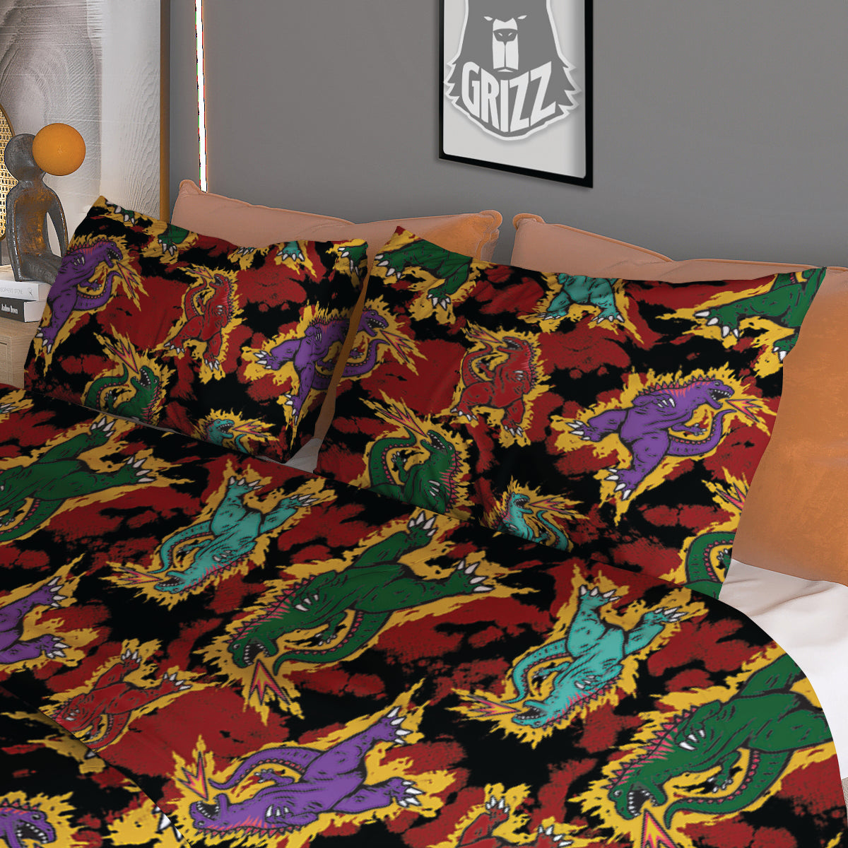 Tie Dye And Godzilla Print Pattern Duvet Cover Bedding Set