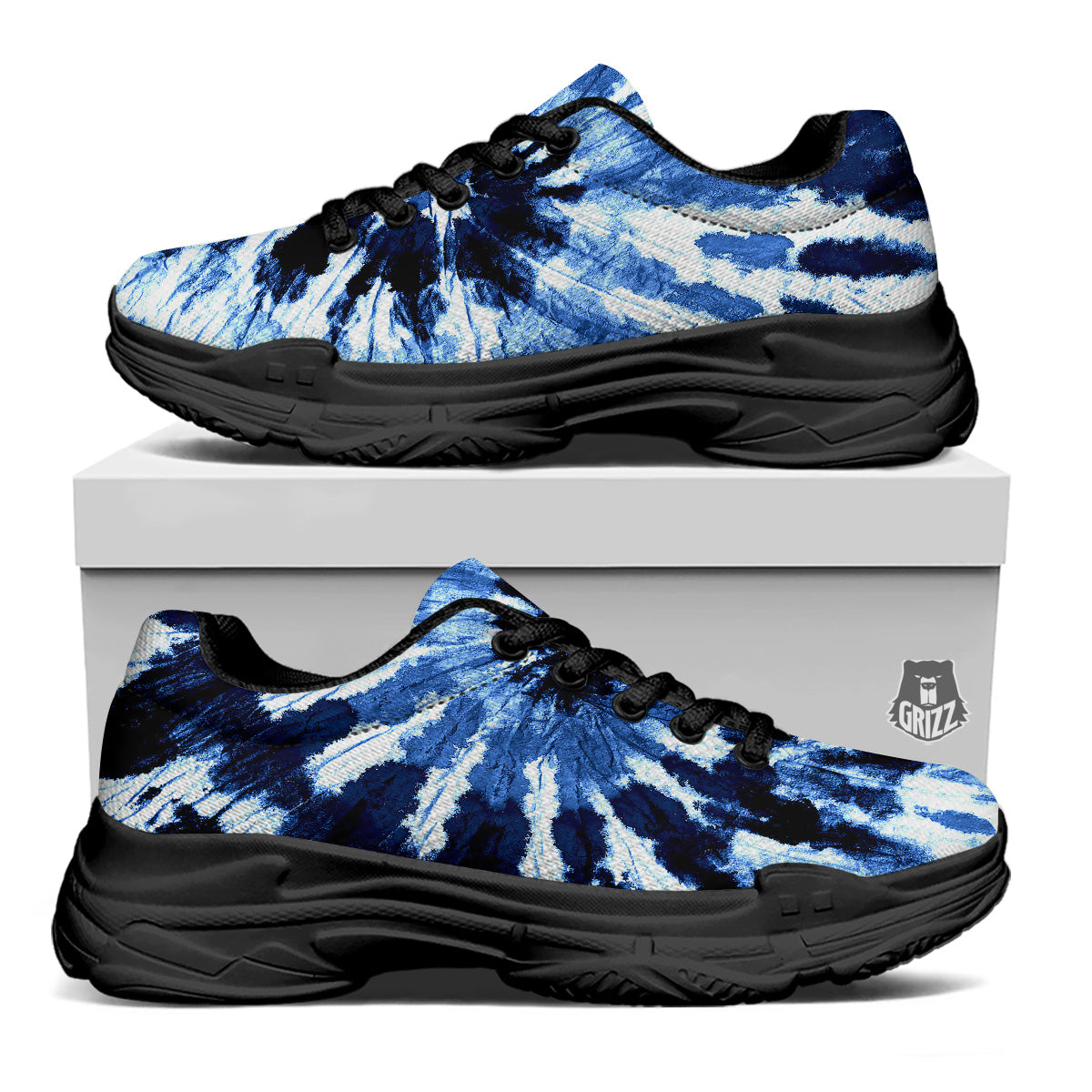 Tie Dye Black And Blue Print Black Chunky Shoes-grizzshop
