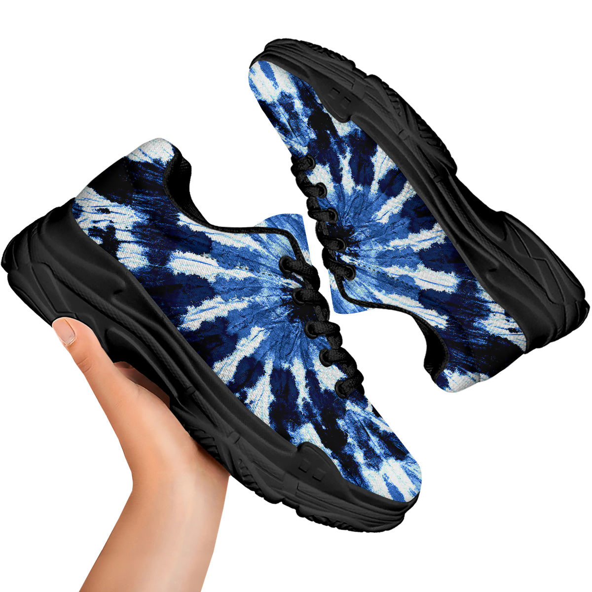 Tie Dye Black And Blue Print Black Chunky Shoes-grizzshop