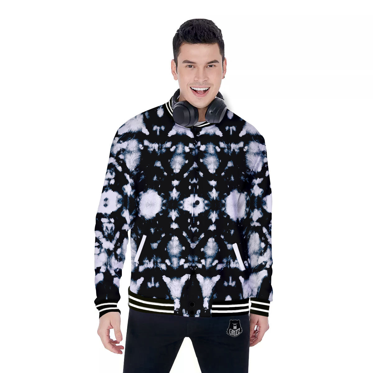 Tie Dye Black Backed Print Baseball Jacket-grizzshop