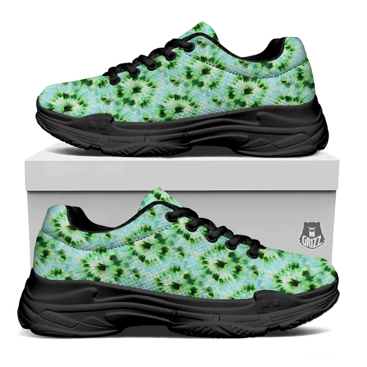 Tie Dye Black Green Watercolor Print Black Chunky Shoes-grizzshop