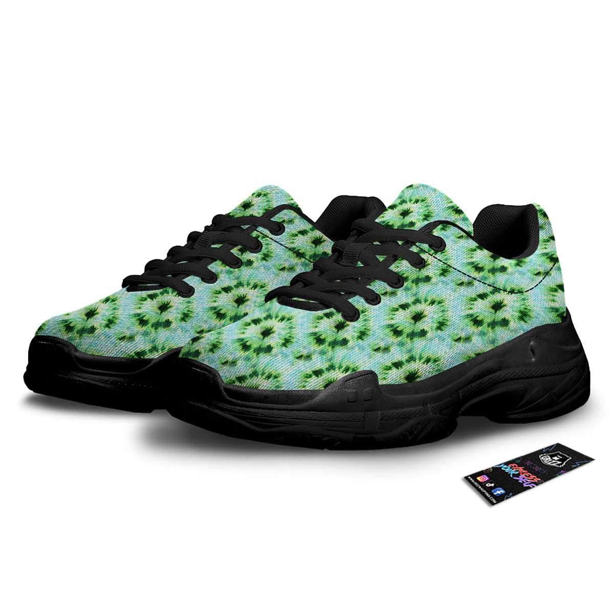 Tie Dye Black Green Watercolor Print Black Chunky Shoes-grizzshop