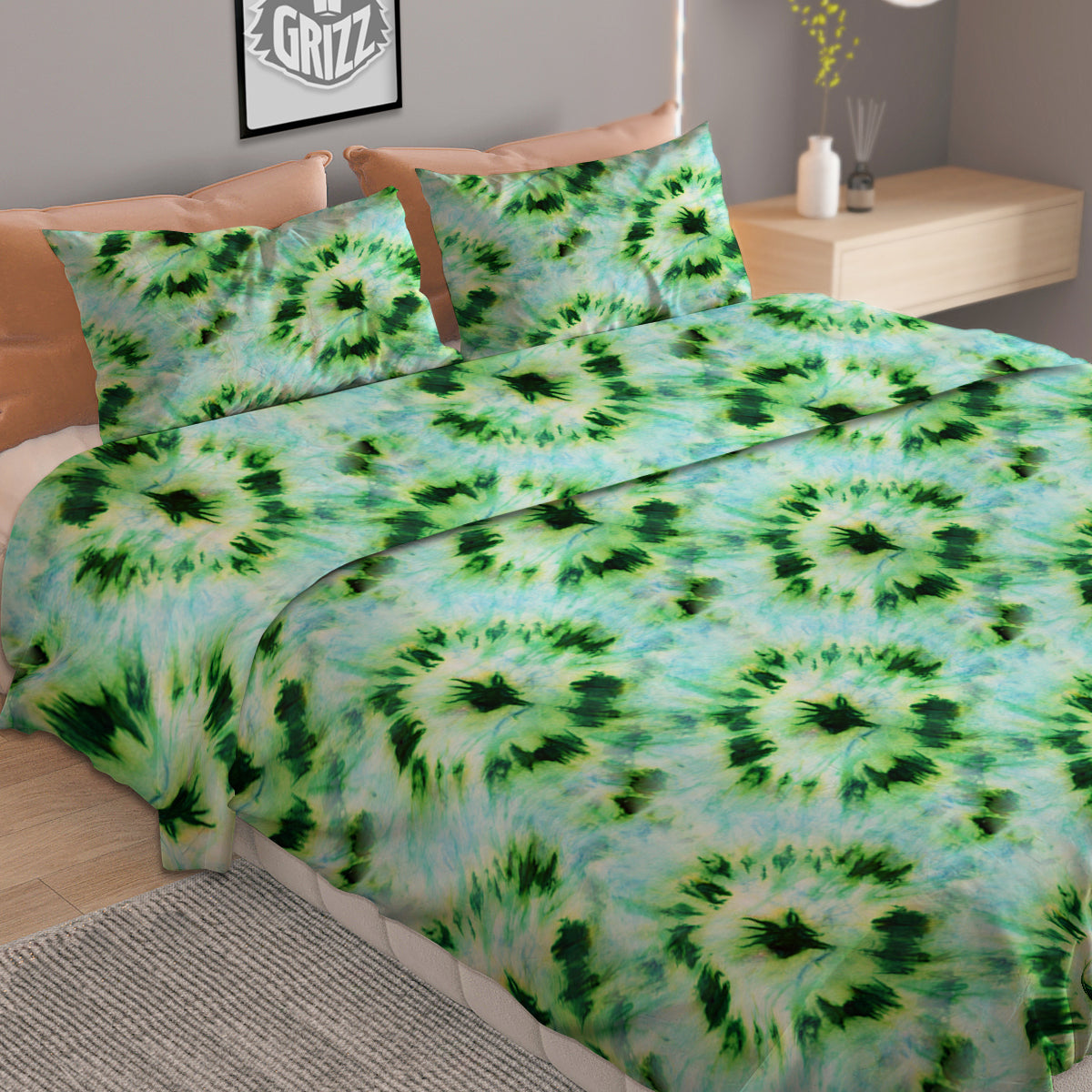 Tie Dye Black Green Watercolor Print Duvet Cover Bedding Set