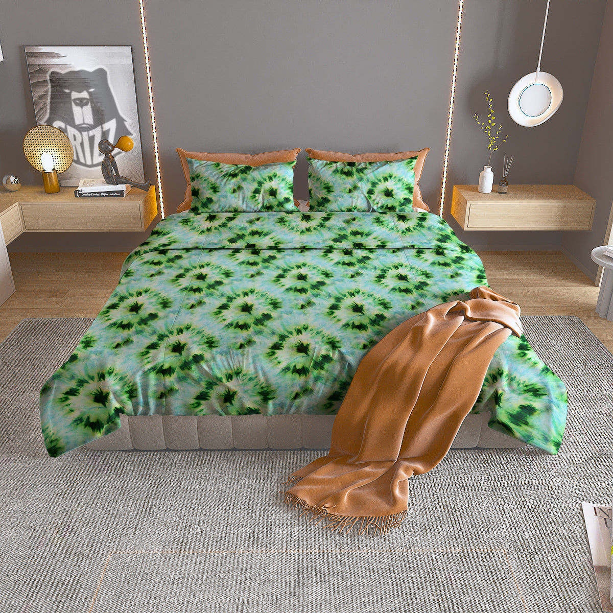 Tie Dye Black Green Watercolor Print Duvet Cover Bedding Set