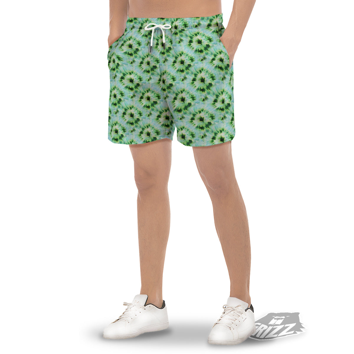 Tie Dye Black Green Watercolor Print Men's Gym Shorts-grizzshop