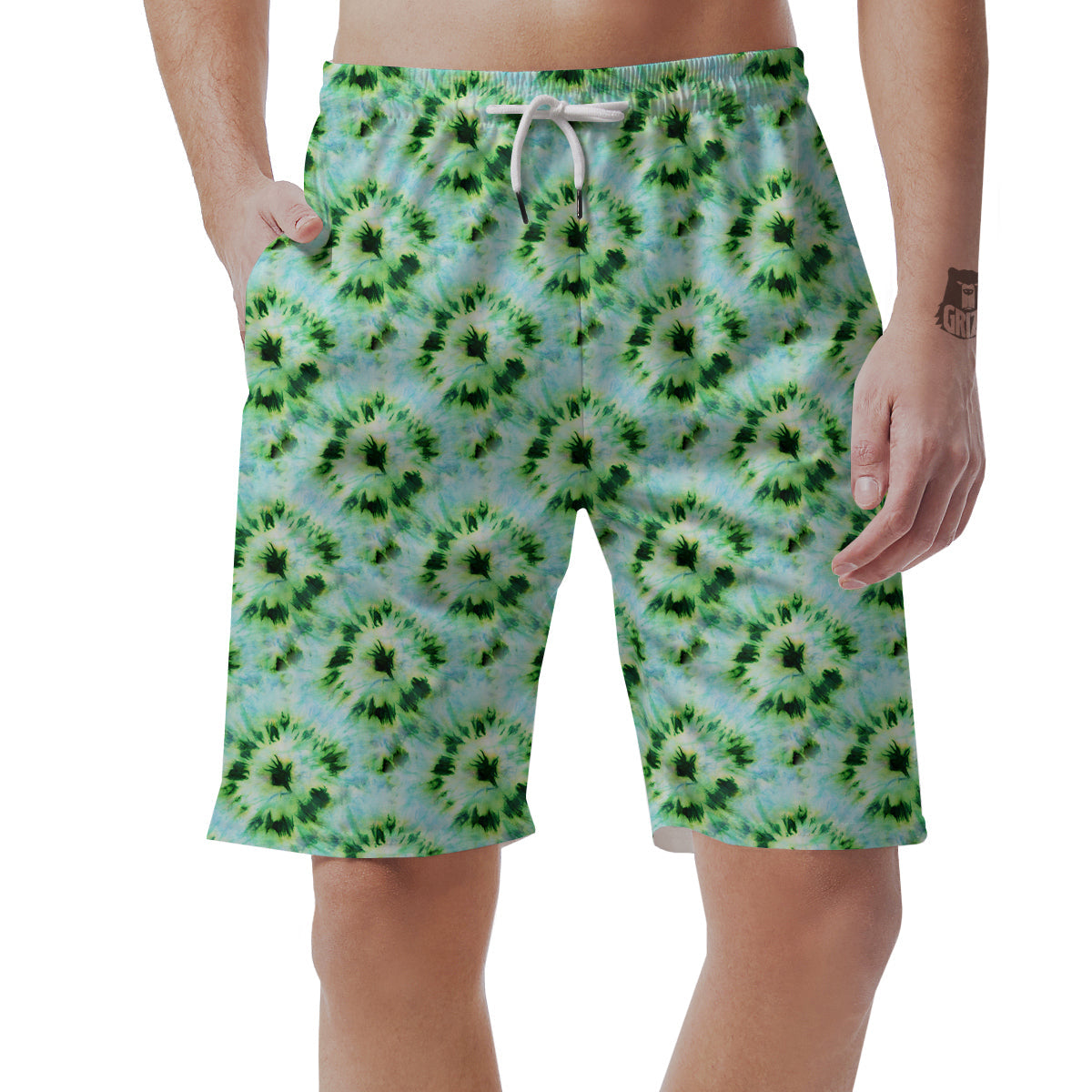 Tie Dye Black Green Watercolor Print Men's Shorts-grizzshop
