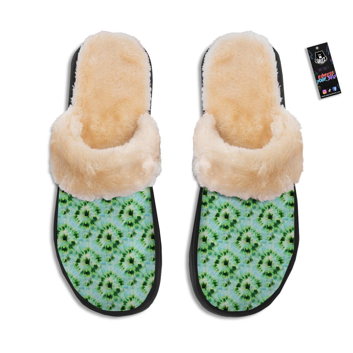 Tie Dye Black Green Watercolor Print Slippers-grizzshop