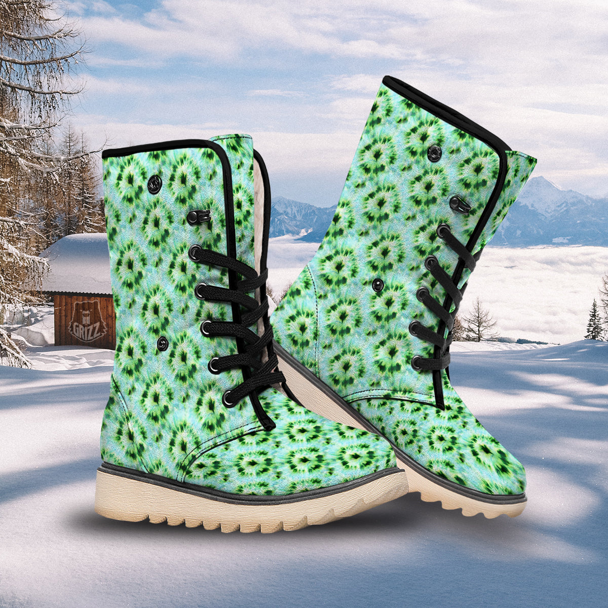 Tie Dye Black Green Watercolor Print Snow Boots-grizzshop