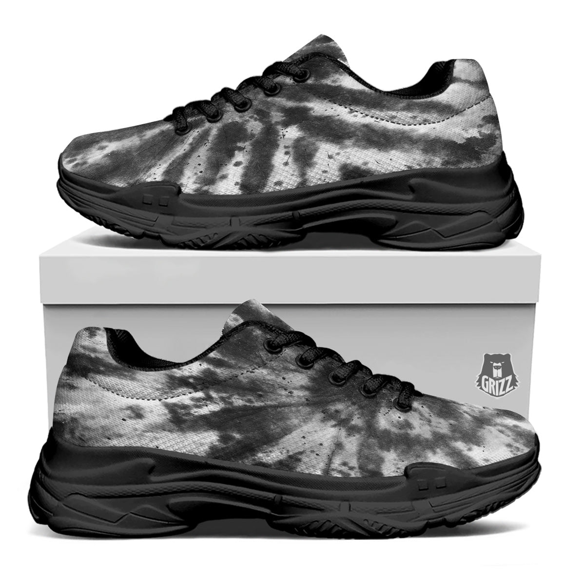 Tie Dye Black White Print Pattern Black Chunky Shoes-grizzshop