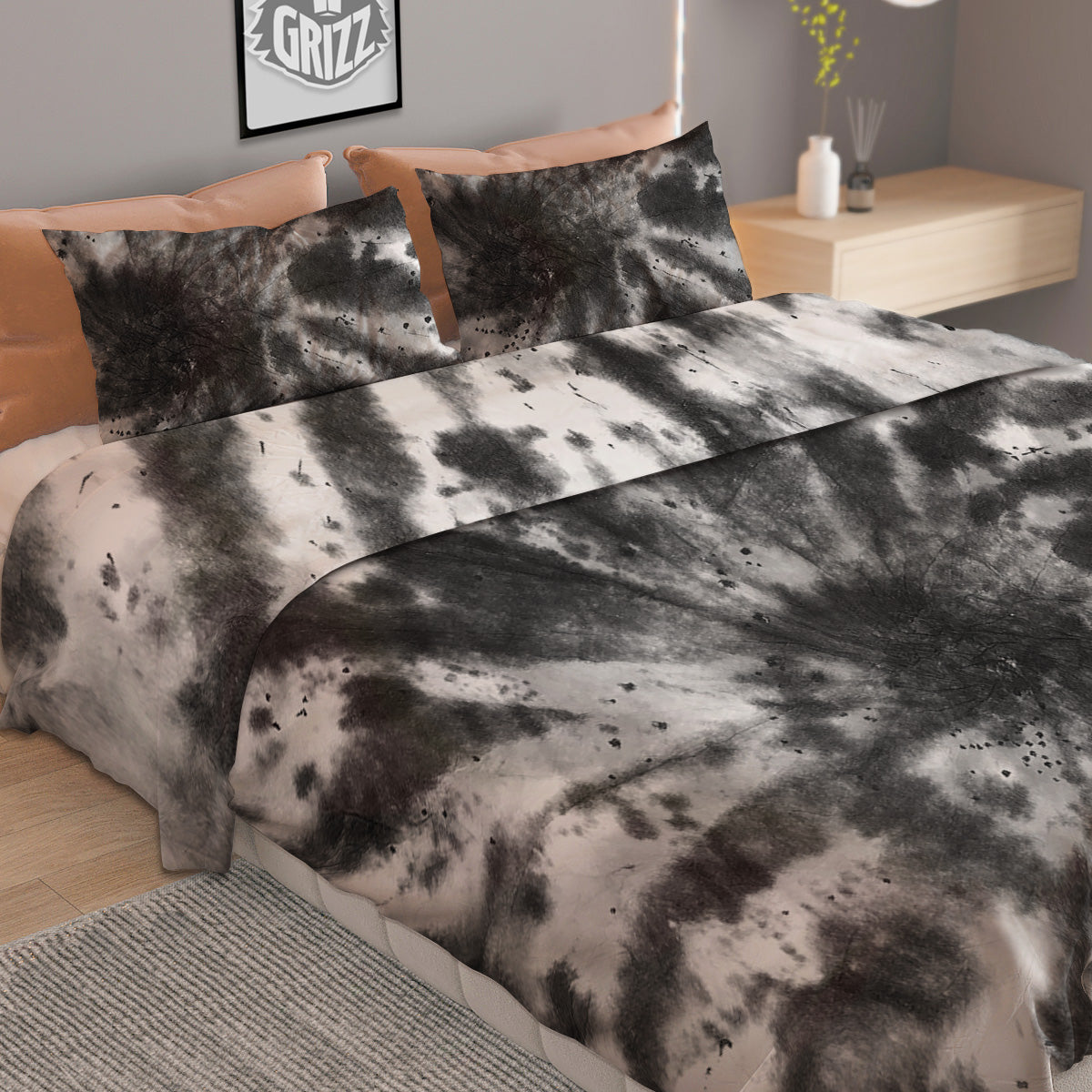 Tie Dye Black White Print Pattern Duvet Cover Bedding Set