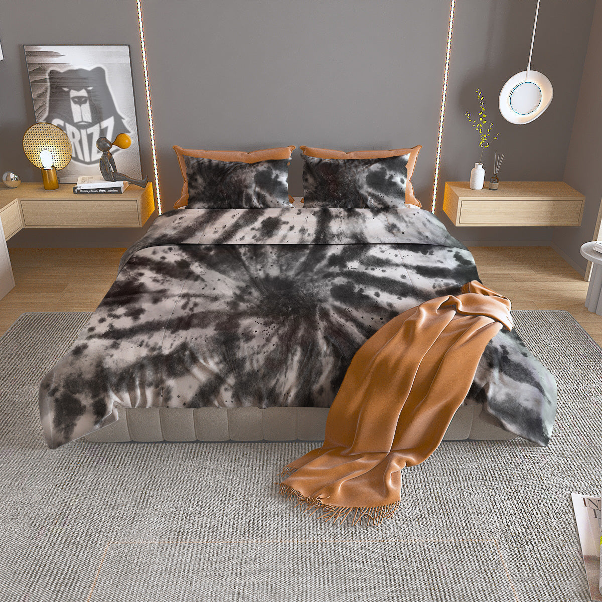 Tie Dye Black White Print Pattern Duvet Cover Bedding Set