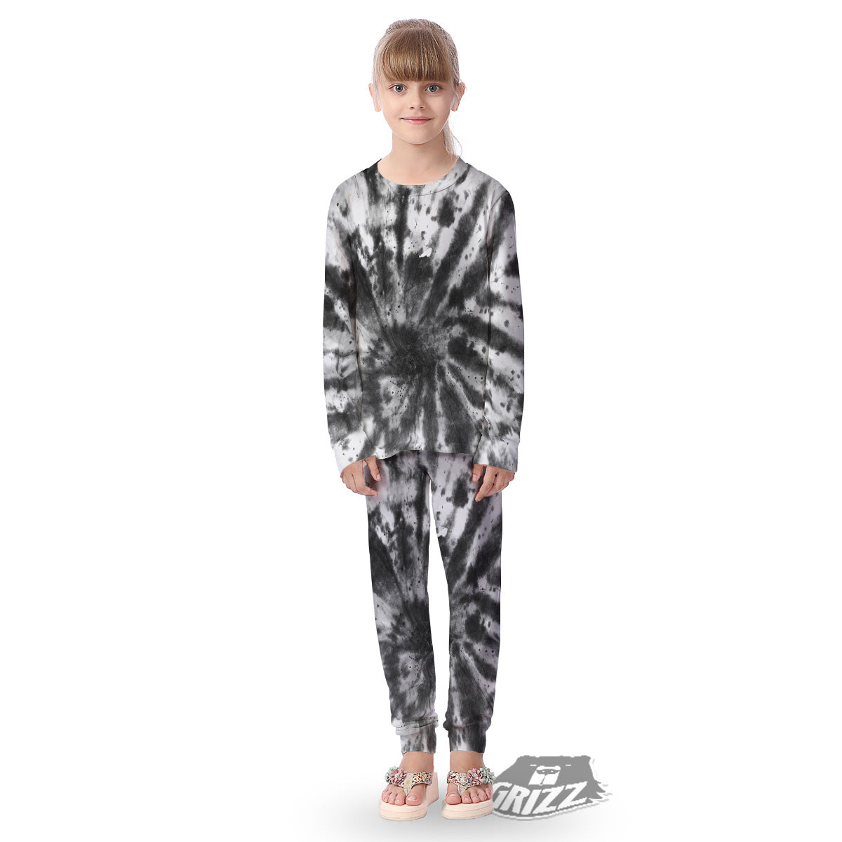 Tie Dye Black White Print Pattern Kid's Pajamas-grizzshop