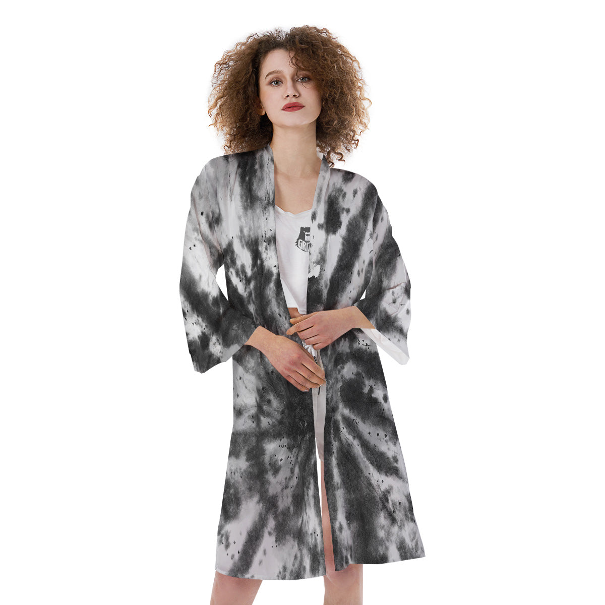 Tie Dye Black White Print Pattern Kimono-grizzshop